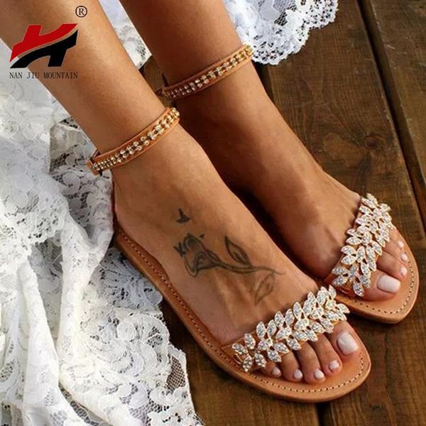 

sandals mountain summer flat women fashion rhinestone open toe buckle wedding party plus size 34-43 7iui, Black