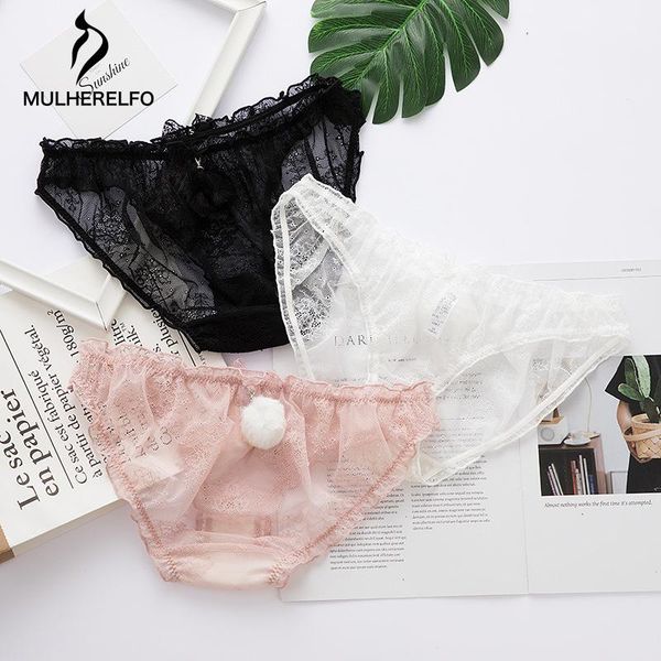 

women's panties mesh lace detachable fur ball embroidered hollow see-through breathable briefs erotic seduction underwear, Black;pink