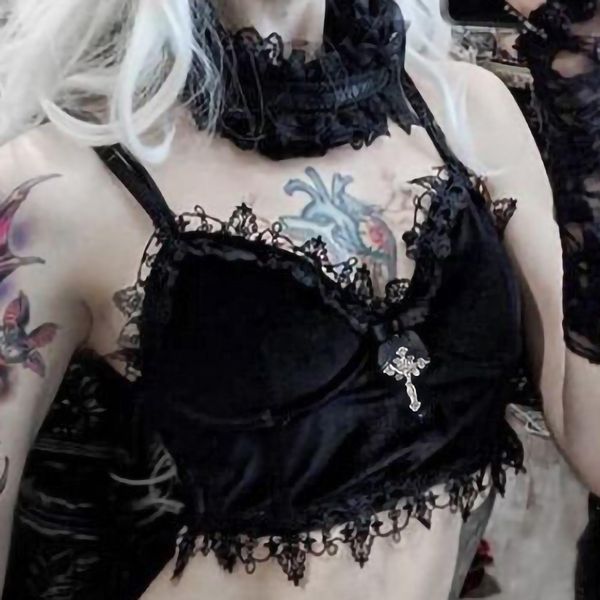 

gothic dark velvet camisole womens camis harajuku mall goth lace patchwork strapless crop tank retro vests nightclub, White