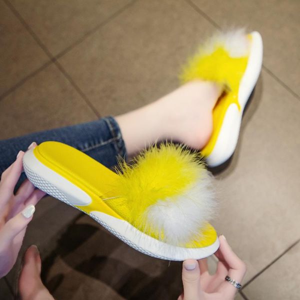 

slippers summer women fur real slides slip on female furry outdoor flip flops casual beach sandals fluffy plush shoes, Black