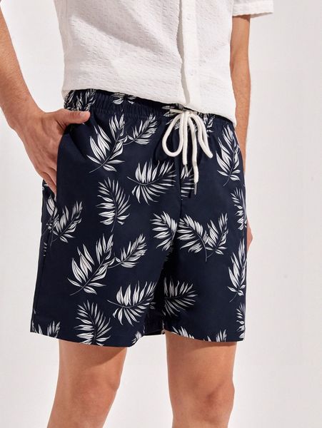 

men tropical print drawstring waist slant pocket shorts w6va#, Black