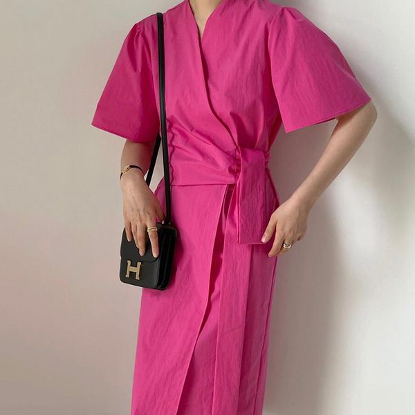 

casual dresses [ewq] korea chic fashion simple solid color v-neck cross tie high waist robe loose rose red dress women summer 2021 16w1435, Black;gray