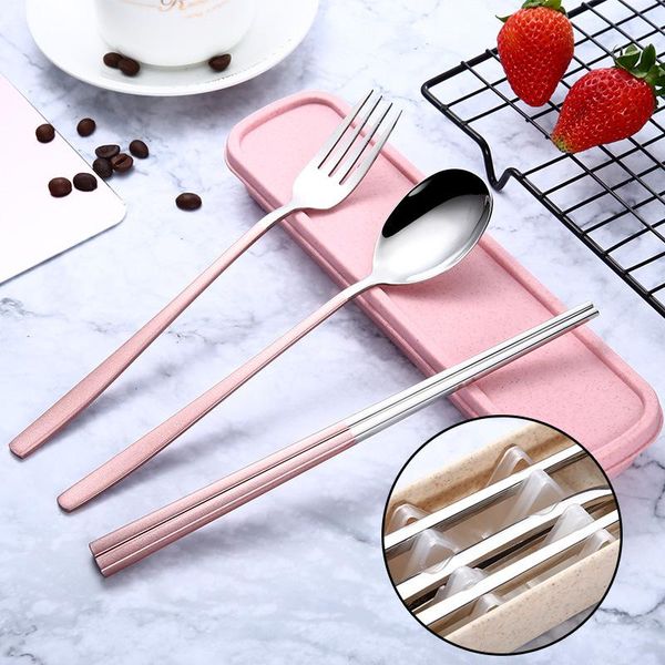 

50set stainless steel chopsticks spoon fork tableware set portable gift box school travel picnic wheat straw cutlery flatware sets