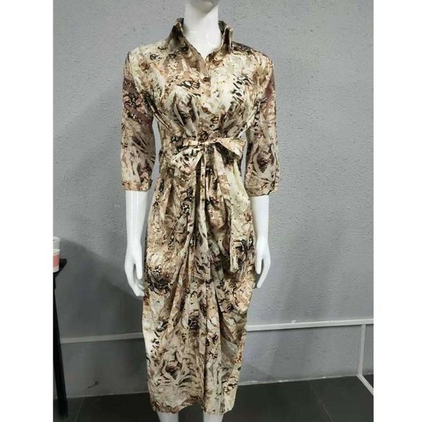 

casual dresses women's autumn printed 3/4 sleeves shirts a-line dress fashion buttons cardigan elegant turn-down collar lace-up slim ve, Black;gray