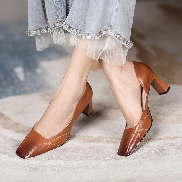 

retro high heeled pumps for women shallow genuine leather shoes night club office woman size 40 41 dress, Black