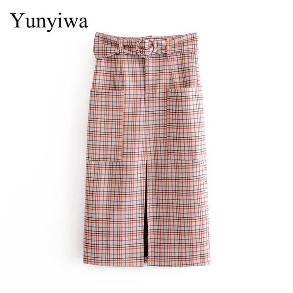 

skirts women vintage plaid print front split sashes midi skirt faldas mujer lady pocket vestidos casual slim straight, Black