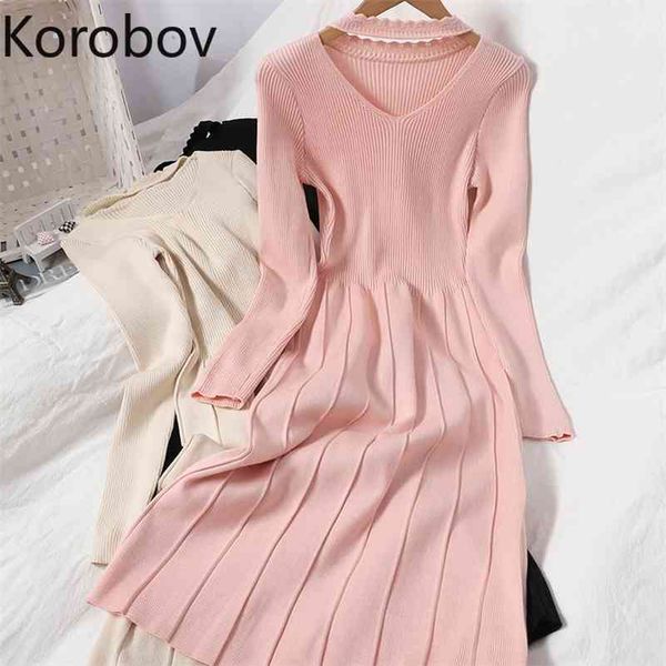 

korobov fashion women hollow out knit elegant dress korean pleated sweet a-line vestidos femme autumn winter female dresses 210430, Black;gray
