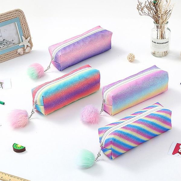 

storage bags 1pcs home office stationery bag rainbow color pencil case pen glitter cosmetic