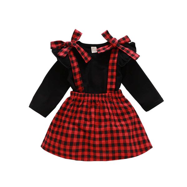 2 pcs meninas vestido conjunto de cor sólida rodada pescoço manga comprida falbala pulôver xadrez suspender saia diária g1026