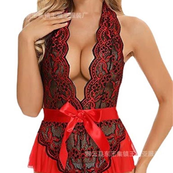 

large women one piece lingerie two color lace deep v-neck pajamas, Black;white