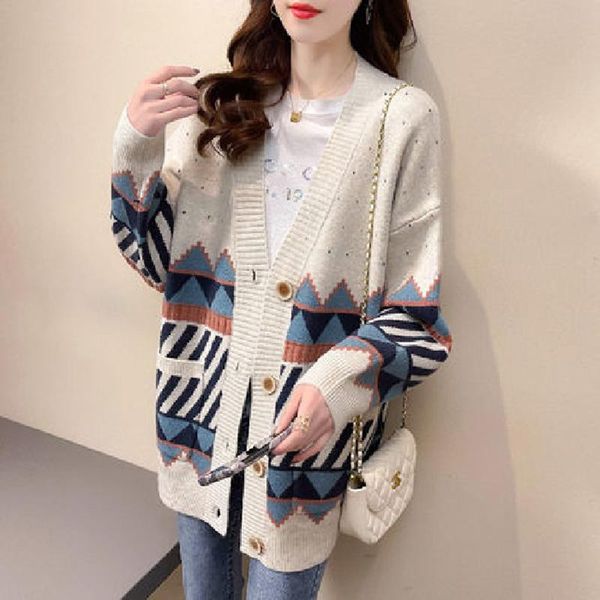 

women's knits & tees 2021 fashion autumn winter women geometry knitted cardigan sweater jumper button-up female, White