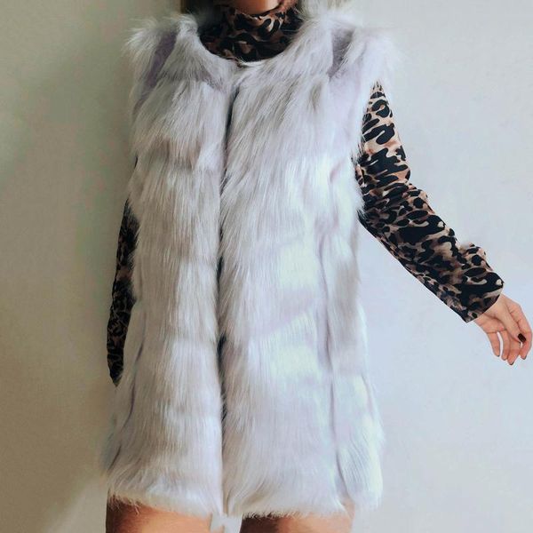 

women's fur & faux 2021 vest o-neck long winter natural cardigan coat warm fuzzy fur-grass jacket fluffy *, Black