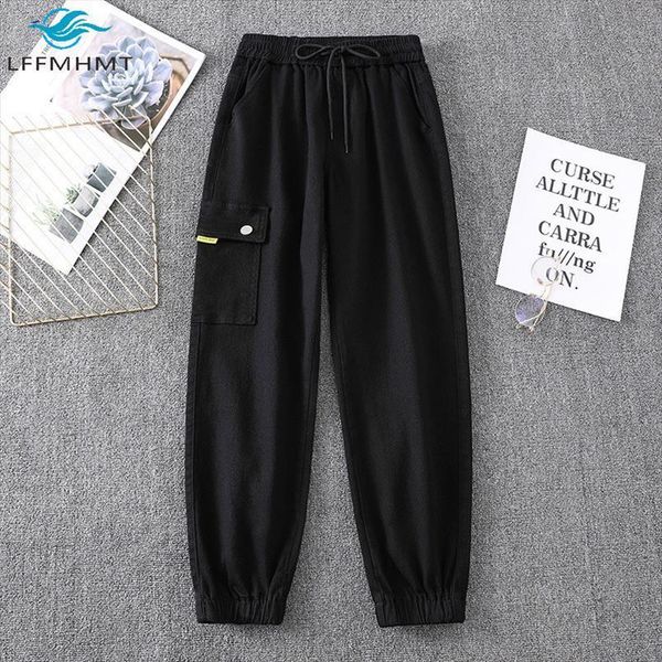 

995 spring fall 100kg womens pant large size elastic waist casual loose harem pants lady pockets patchwork overalls simple trousers, Black;white