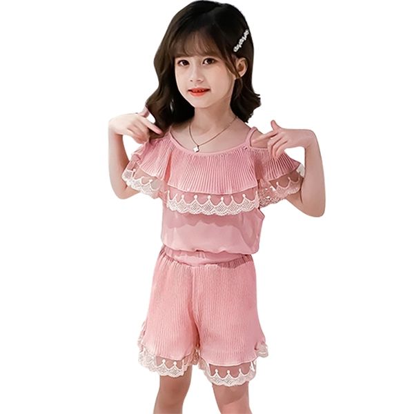 

clothes for girls lace tshirt + short clothing summer children girl casual style children's tracksuits 210527, White