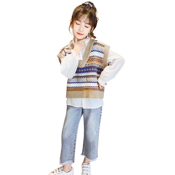 

kids clothes vest + blouse jeans children's for girls autumn winter outfits casual style tracksuit 210528, White