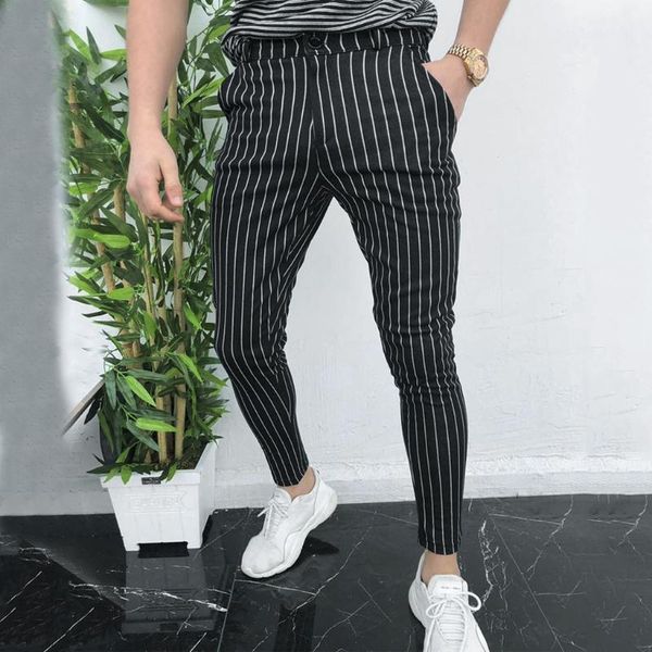 

slim fit pants men skinny business formal suit dress stripe slacks trousers streetwear stretch overalls pantalon homme men's, Black