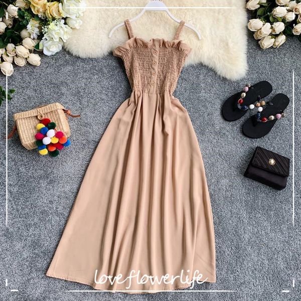 Chic Koreanische Feste Frauen Kleid Ärmelloses Sommer A-line Chiffon Lange Kleider Strand Stil Taste Vestidos 210521