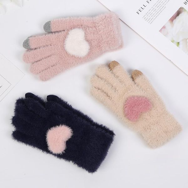 Fünf-Finger-Handschuhe für Damen, Winter, Wolle, volle Finger, süßes Liebesherz, verdickte Plüsch-Fäustlinge, thermische Handgelenkwärmer