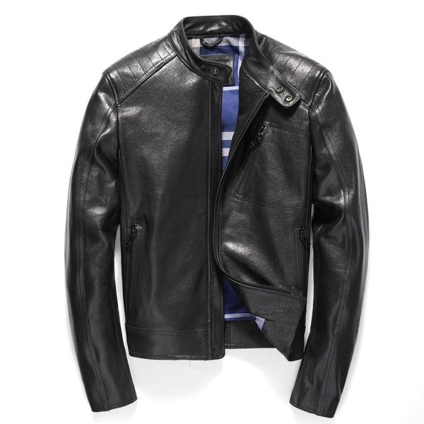 

men's leather & faux 2021 autumn genuine male sheepskin clothing zipper motorcycle jacket slim stand collar short design, Black