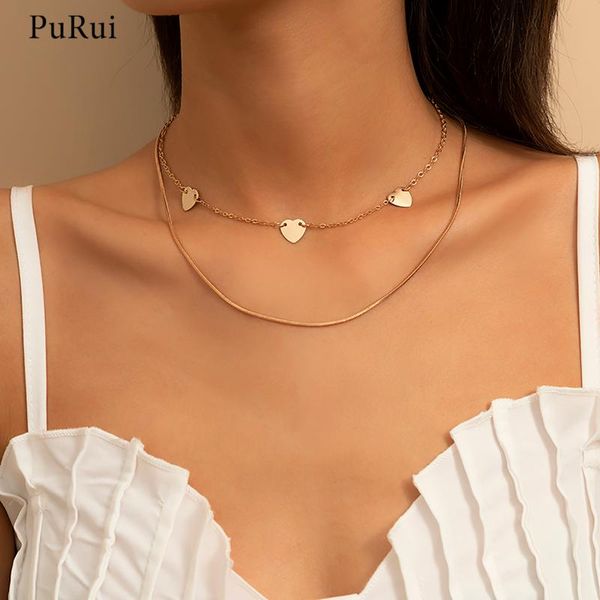 

chokers purui simple layered chains with heart pendants necklaces for women fashion gold/silver color short choker necklace 2021 jewelry, Golden;silver