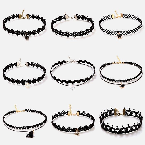 

11pcs fashion pretty girls black choker layer lace chains necklace kids exquisite gothic stretch choker jewelry children necklace, Golden;silver