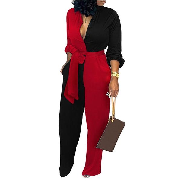 

women's jumpsuits & rompers felyn 2021 quality patchwork v-neck long sleeve belt bodycon elastic outfits, Black;white