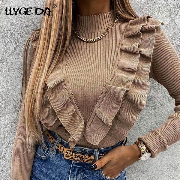 

women's sweaters mock neck ruffles knitted sweater long sleeve solid coffee slim elegant office women pullover 2021 spring top, White;black
