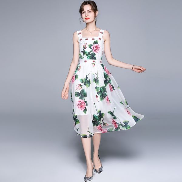 

banulin summer bohemian holiday dress women spaghetti strap flower print runway elegant midi vestidos 210603, Black;gray
