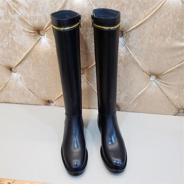 

boots zipper point toe side flat real leather women knee-high long knight high knee tide 2021, Black