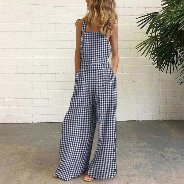 

summer wide leg rompers women vintage plaid checked sleeveless loose jumpsuits pants casual baggy overalls plus size 210709, Black;white