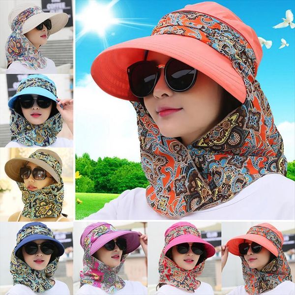 

Fashion Women Summer Outdoor Riding Anti Uv Sun Hat Beach Foldable Sunscreen Floral Print Caps Neck Face Wide Brim, Blue;gray
