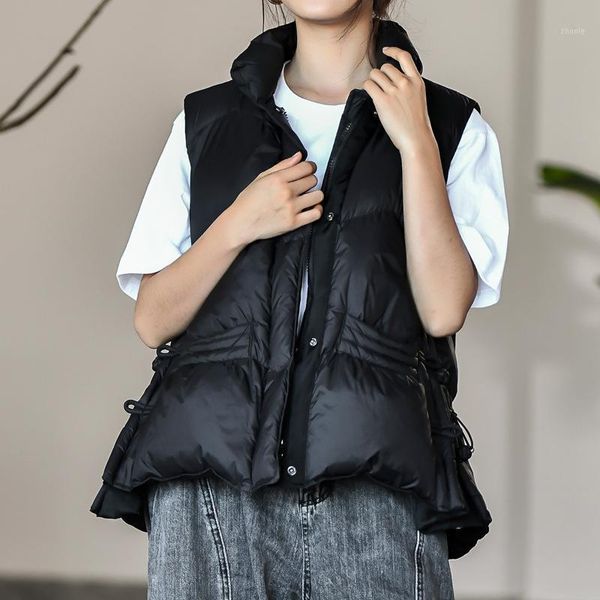 

women's down & parkas 2021 chinese style ladies stand collar vest slim white duck solid color simple waistcoat lightweight women, Black