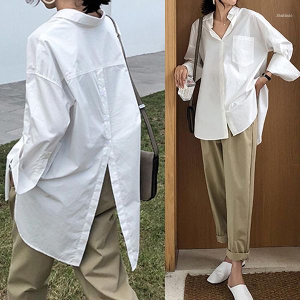 

womens white blouse solid fashion lapel casual long sleeve button asymmetric elegant ladies baggy blusas s-5xl female shirt1