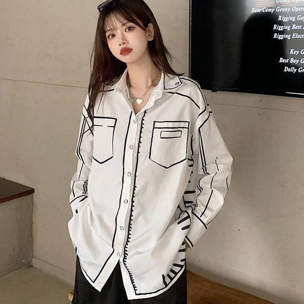 

california sky graffiti print shirts chic women's blouses spring summer loose blusas mujer 220308, White