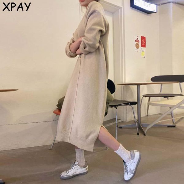 

casual dresses one piece dress 2021 autumn winter women v-neck knitted fashion long sleeve korea knit sweater midi, Black;gray