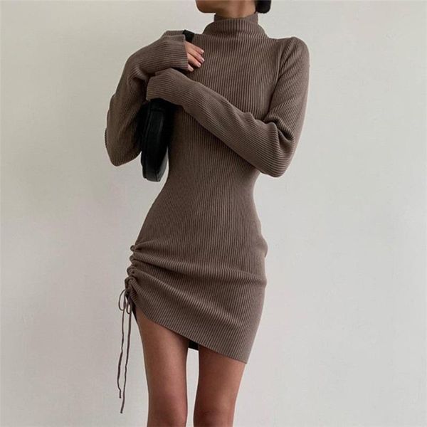 

casual dresses yiyimiyu turtleneck 2021 knitted dress bodycon women ruched mini long sleeve brown elegant party white, Black;gray