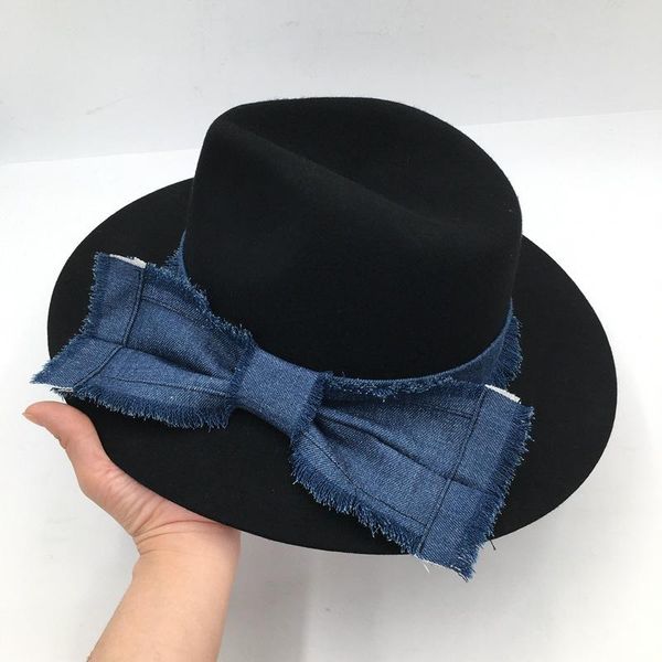 

stingy brim hats fedora for women autumn winter cowboy bow jazz black 100% wool hat flat big wide cap female windproof 2021, Blue;gray