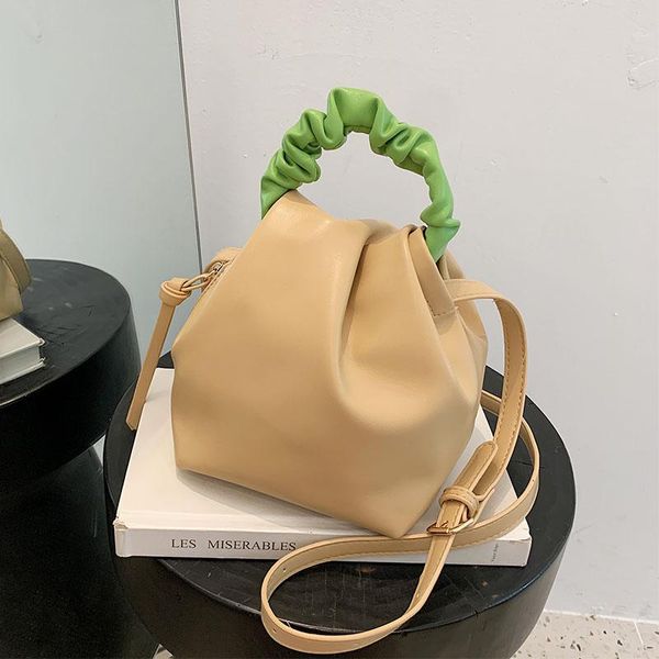

evening bags pleated tote bucket bag 2021 fashion high-quality pu leather women's designer handbag contrast color shoulder messenger