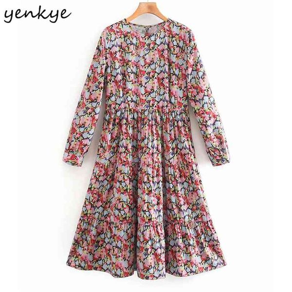 

multicolor floral print dress women o neck long sleeve pleated casual female midi vestido plus size 210514, Black;gray