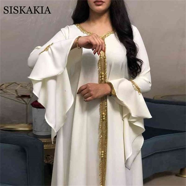 Siskakia Jalabiya Kaftan Abito per le donne Dubai Turchia Nastro dorato Ricamo Allentato Musulmano Arabo Abbigliamento islamico Bianco 210806
