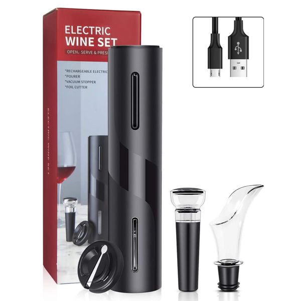 4 in 1 Elektrikli Şarap Şişesi Açacağı USB Şarjlı Otomatik Kırmızı Şarap Tirbuşon Folyo Kesici Vakum Stoper Havalandırıcı Pourer Set 210319