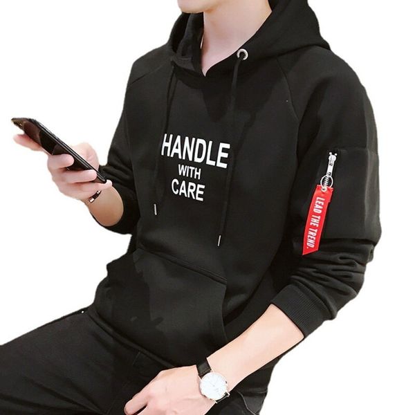

long sve t-shirt korean youth season new cotton sweater men's sports student coat loose hooded pullover, Black
