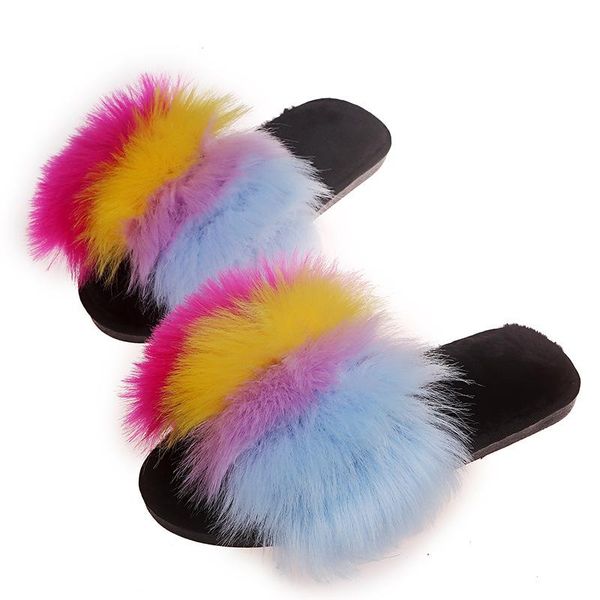 

women colorful fur slippers fluffy imitation girl outdoor sandals ladies amazing shoes slides, Black
