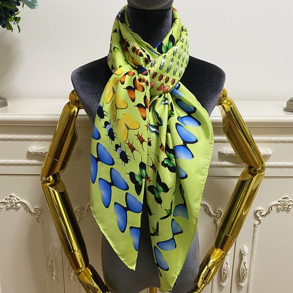 Женский квадратный шарф из пашмины, хорошее качество, 100% саржа, шелковый материал, розовый, зеленый, с узором бабочки, размер 130-130 см