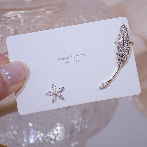 

stud arrive 14k real gold asymmetric feathers earrings for women cubic zircon zc personality, Golden;silver