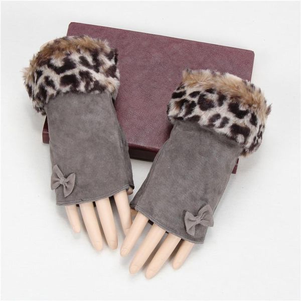 

five fingers gloves women lovely half-finger winter driving leather thicken warm mittens female work leopard print luxury fingerless, Blue;gray