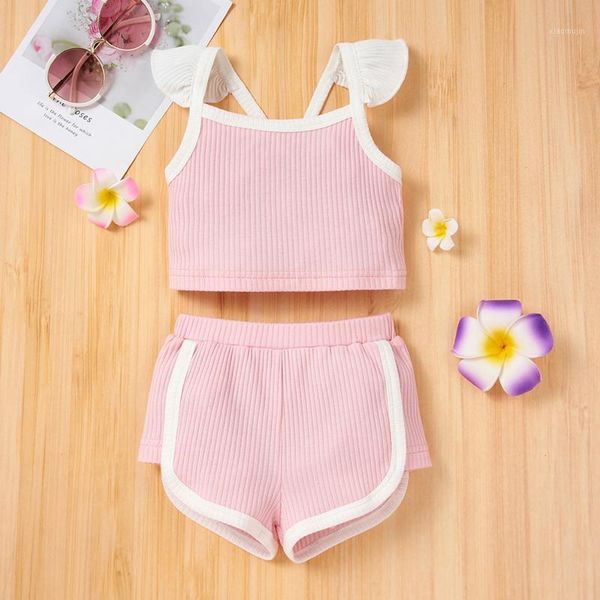 

summer bandage sleeves two-piece suit born infant baby girls solid ribbed strap + shorts outfits set clothes#35 clothing sets, White