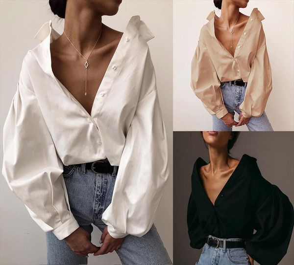 

loose chic style fashion women blouses solid color lantern sleeve buttons office lady elegant spring fall, White