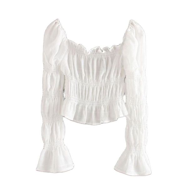 

women's blouses & shirts sherouse women vintage drawstring pleated cropped blouse long sleeves square neckline retro woman chic, White