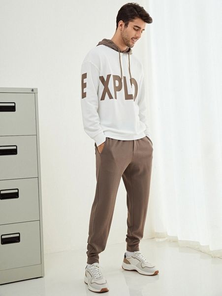 

men letter graphic drop shoulder drawstring hoodie & sweatpants i3ie#, Gray